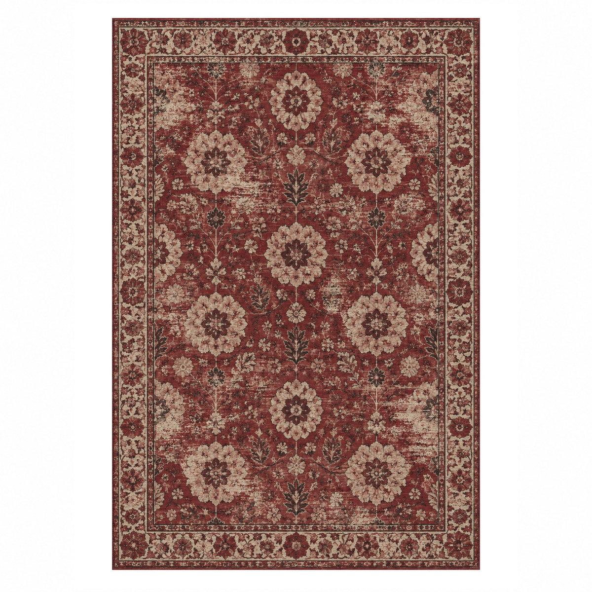 Misty Rosettes Burgundy Red Vintage Washable Rug — top view