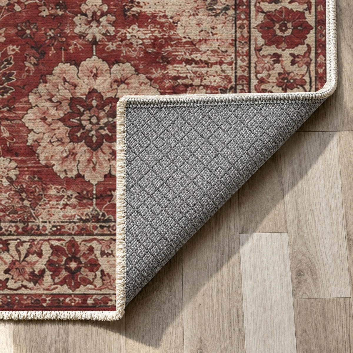 Misty Rosettes Burgundy Red Vintage Washable Rug — backing close up
