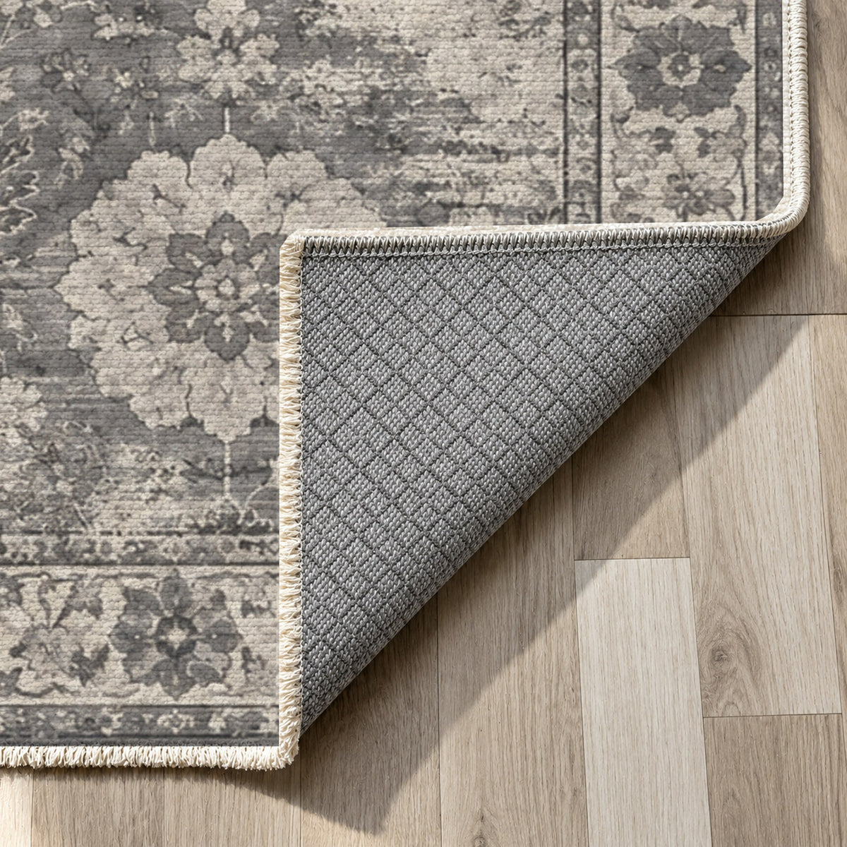 Misty Rosettes Charcoal Silver Vintage Washable Rug — backing close up