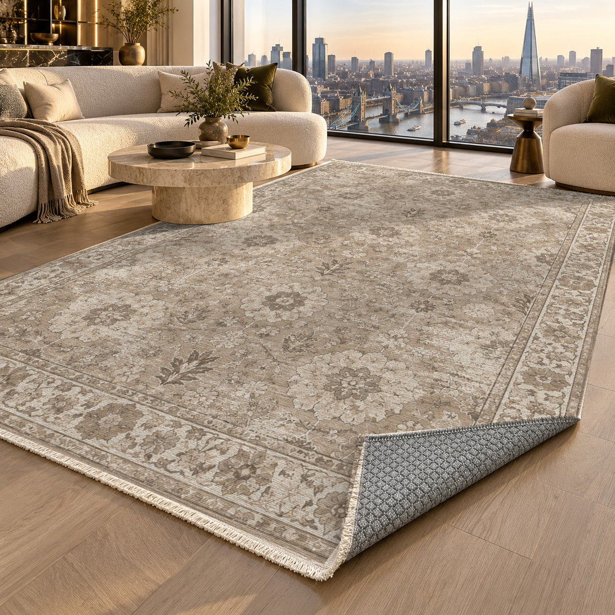 Misty Rosettes Ivory Taupe Vintage Washable Rug — london luxury living
