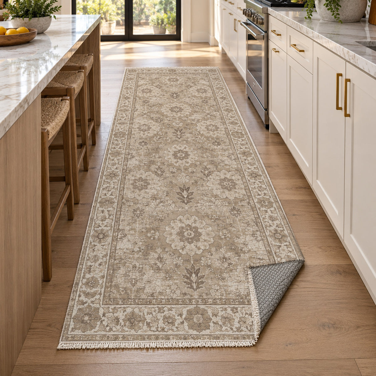 Misty Rosettes Ivory Taupe Vintage Washable Rug — new york kitchen runner