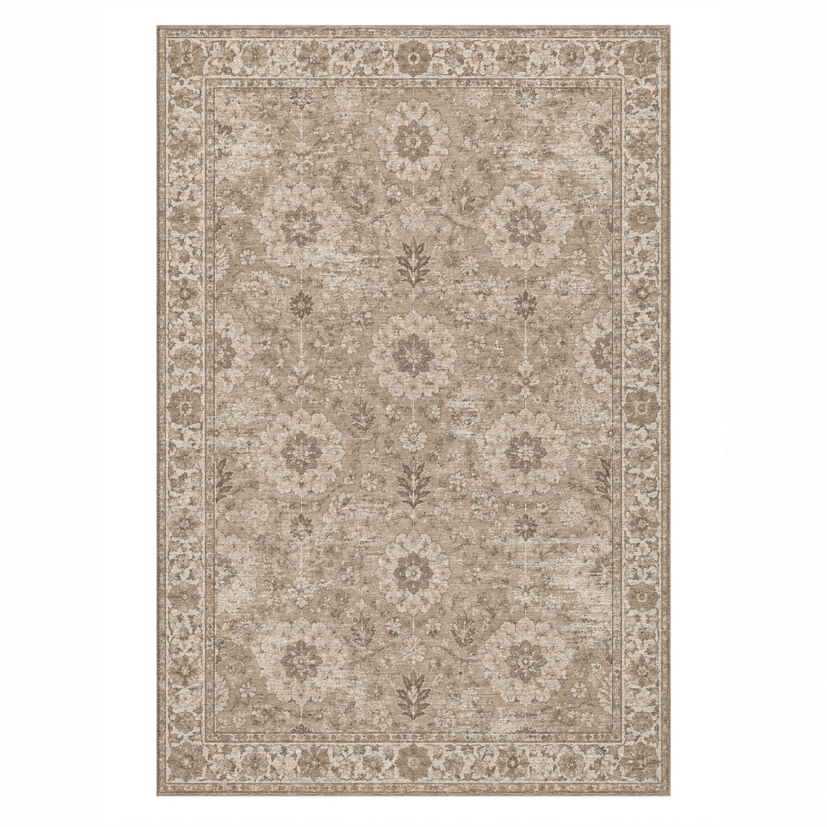 Misty Rosettes Ivory Taupe Vintage Washable Rug — top view
