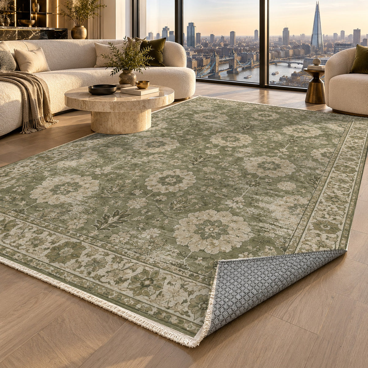Misty Rosettes Olive Green Vintage Washable Rug — london luxury living