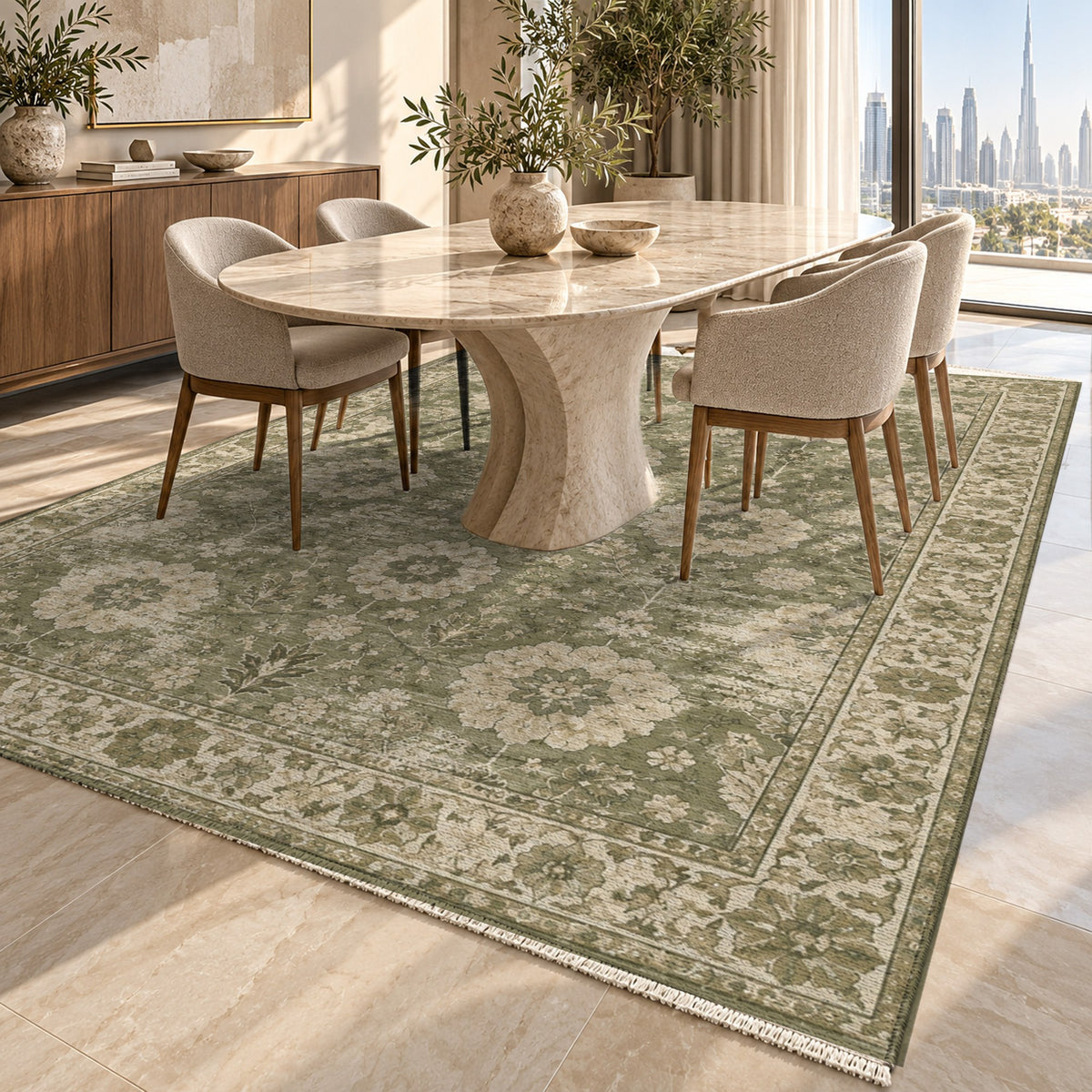 Misty Rosettes Olive Green Vintage Washable Rug — dubai dining