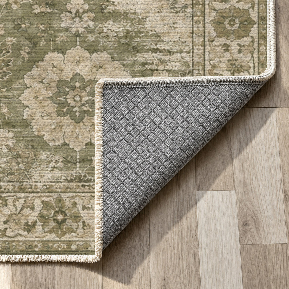 Misty Rosettes Olive Green Vintage Washable Rug — backing close up