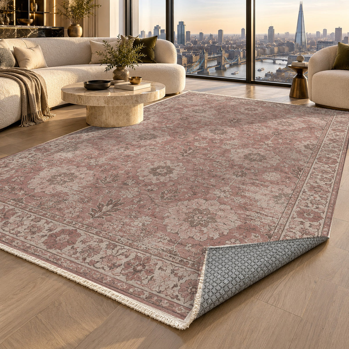 Misty Rosettes Rose Pink Vintage Washable Rug — london luxury living