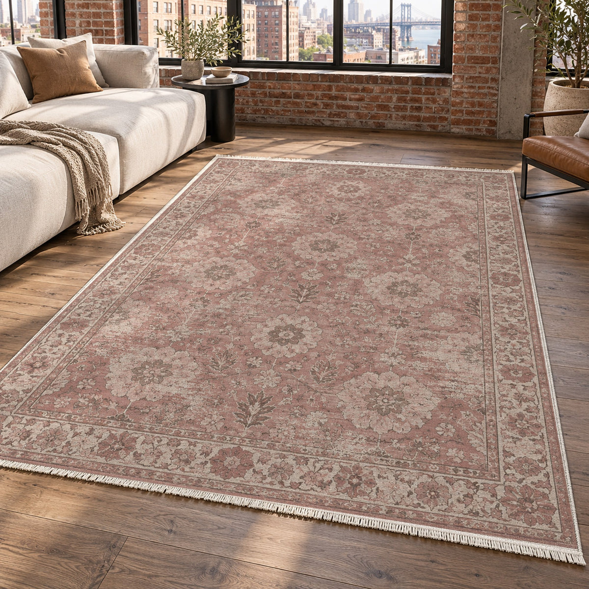 Misty Rosettes Rose Pink Vintage Washable Rug — new york living