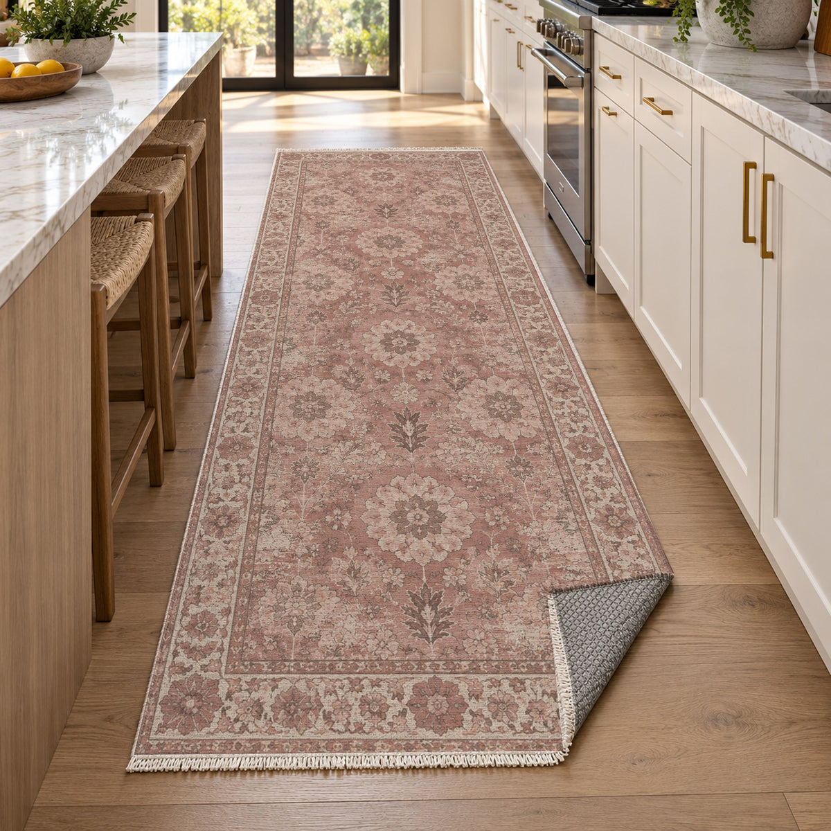 Misty Rosettes Rose Pink Vintage Washable Rug — new york kitchen runner