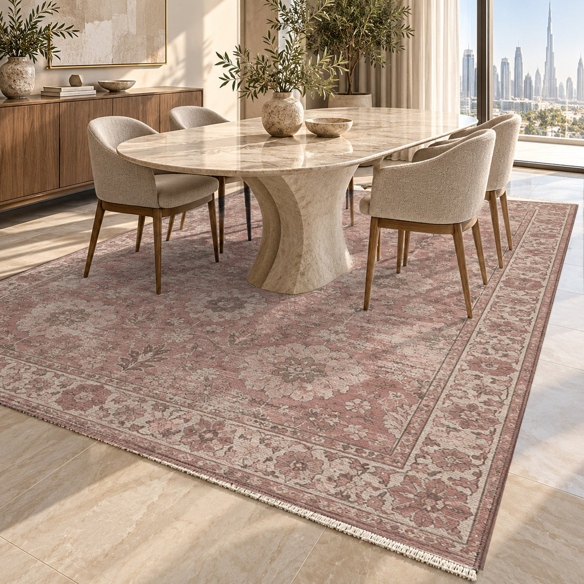 Misty Rosettes Rose Pink Vintage Washable Rug — dubai dining