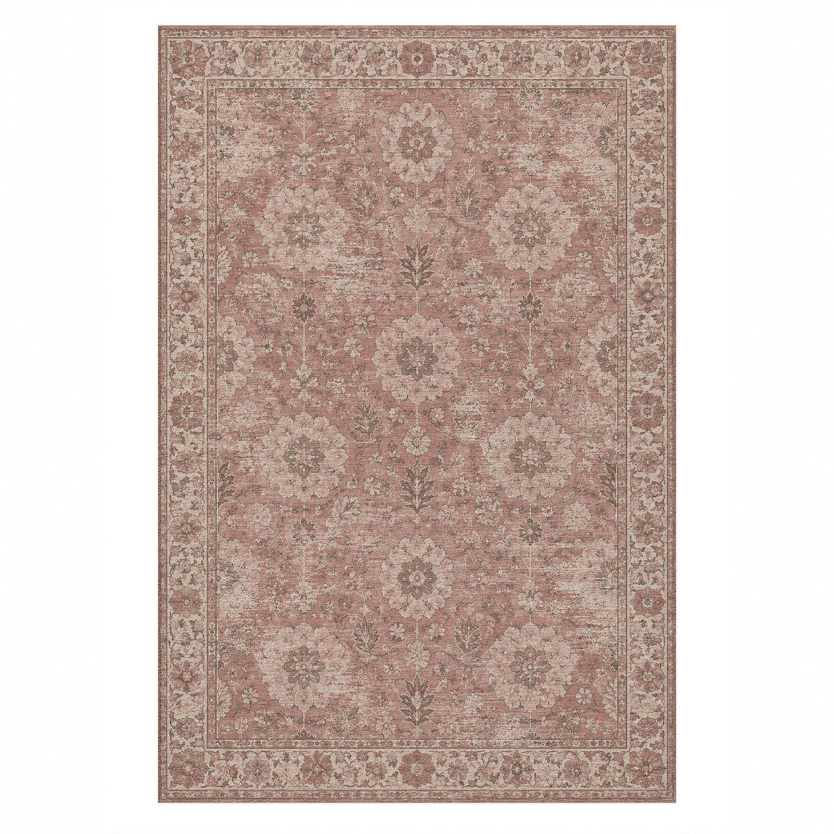Misty Rosettes Rose Pink Vintage Washable Rug — top view