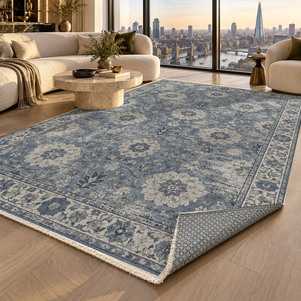 Misty Rosettes Slate Blue Vintage Washable Rug — london luxury living
