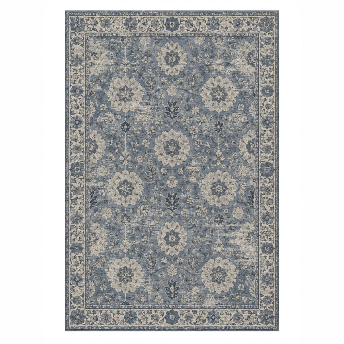 Misty Rosettes Slate Blue Vintage Washable Rug — top view