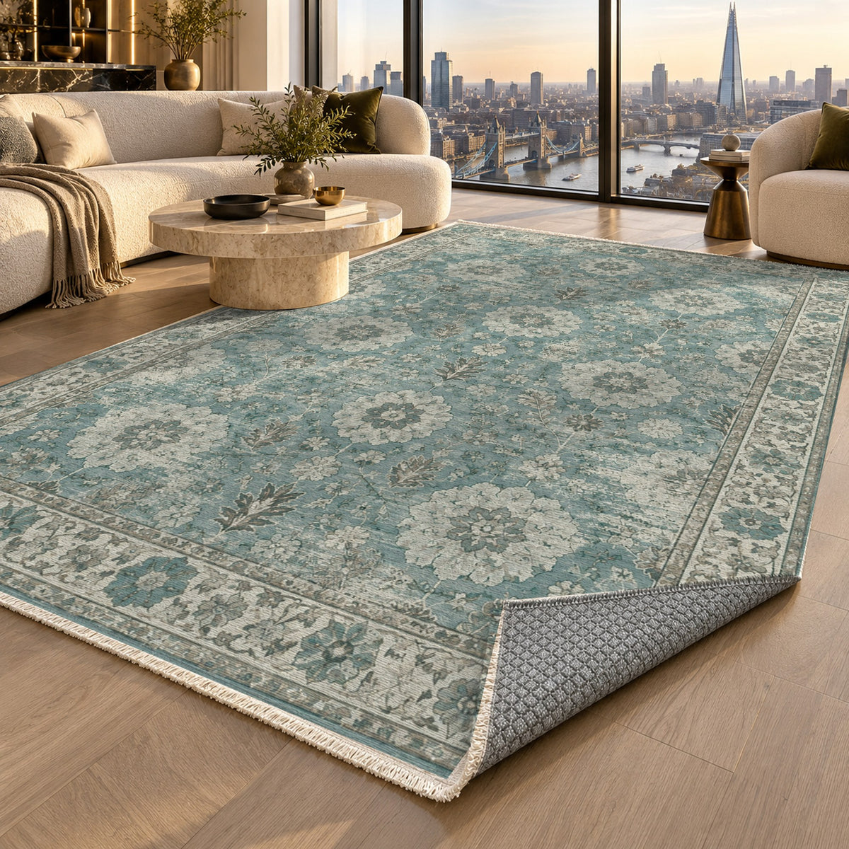 Misty Rosettes Turquoise Blue Vintage Washable Rug — london luxury living