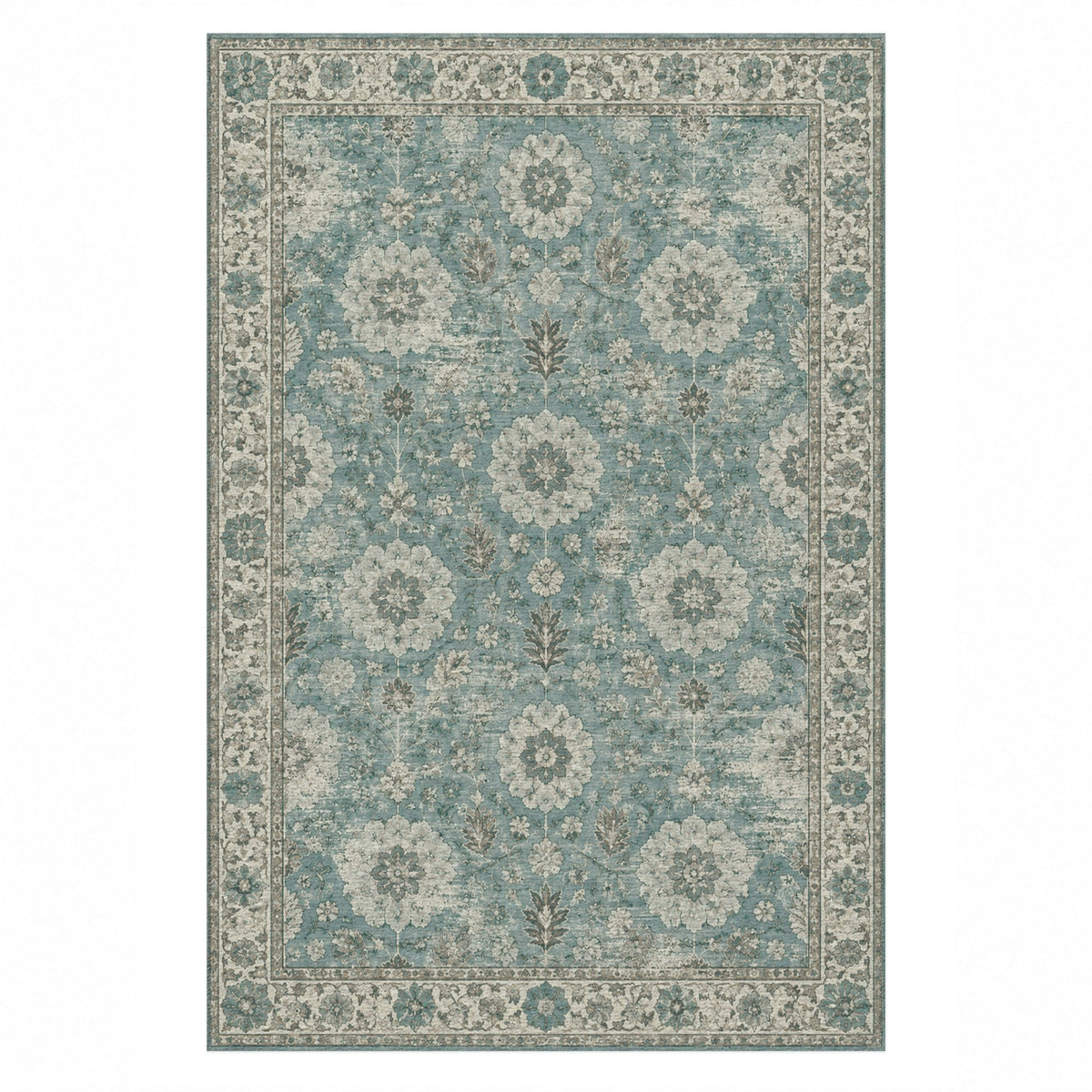 Misty Rosettes Turquoise Blue Vintage Washable Rug — top view