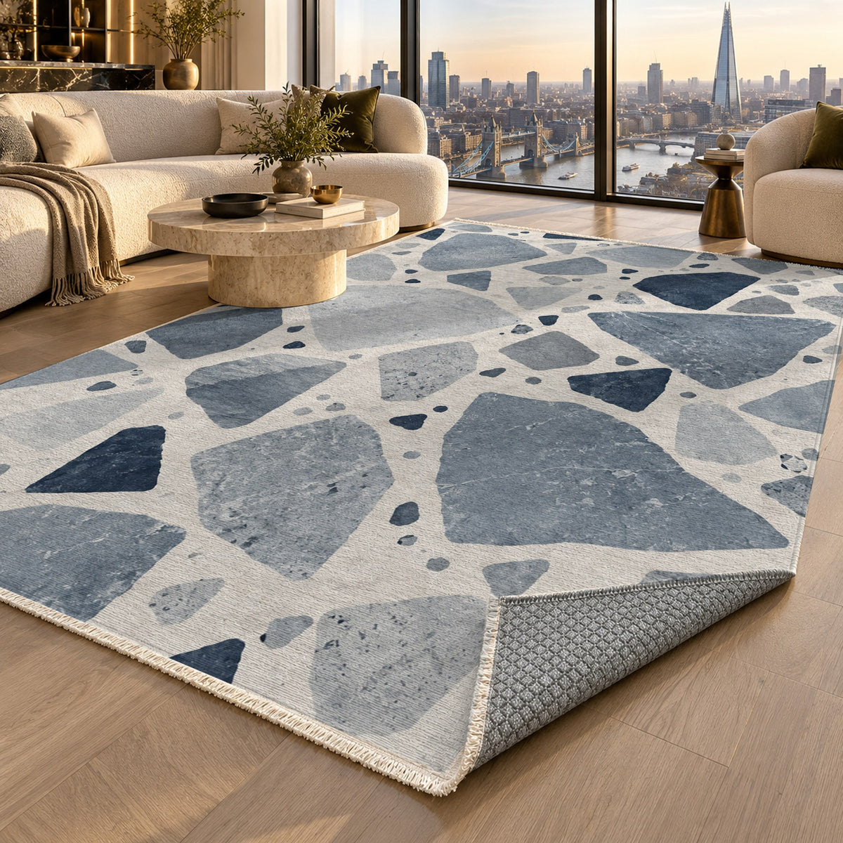 Modern Terrazzo Blue Grey Washable Rug — london luxury living