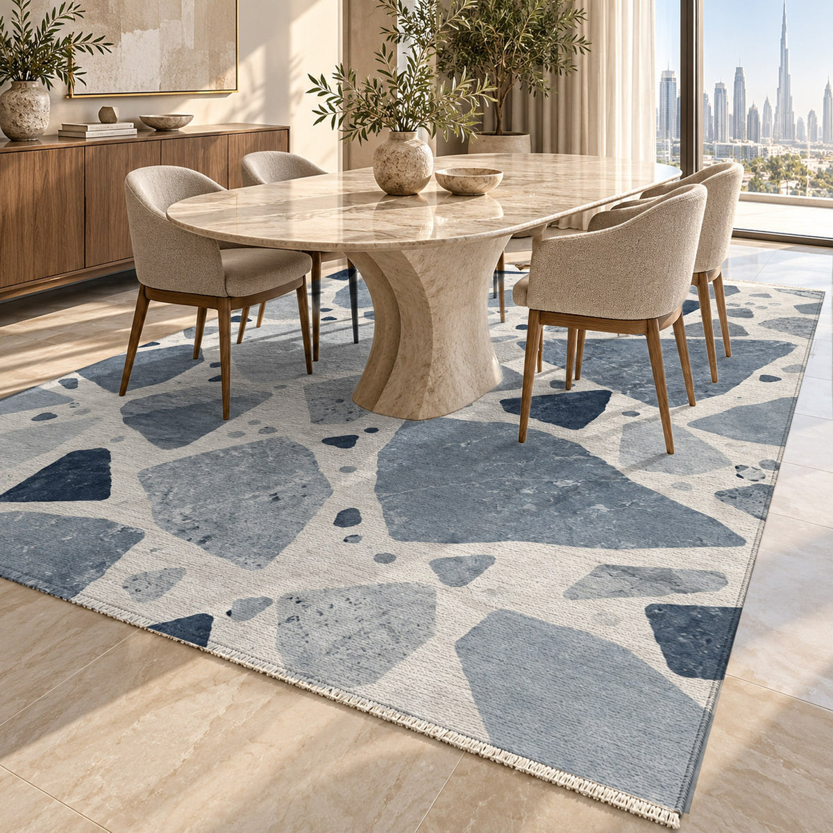 Modern Terrazzo Blue Grey Washable Rug — dubai dining