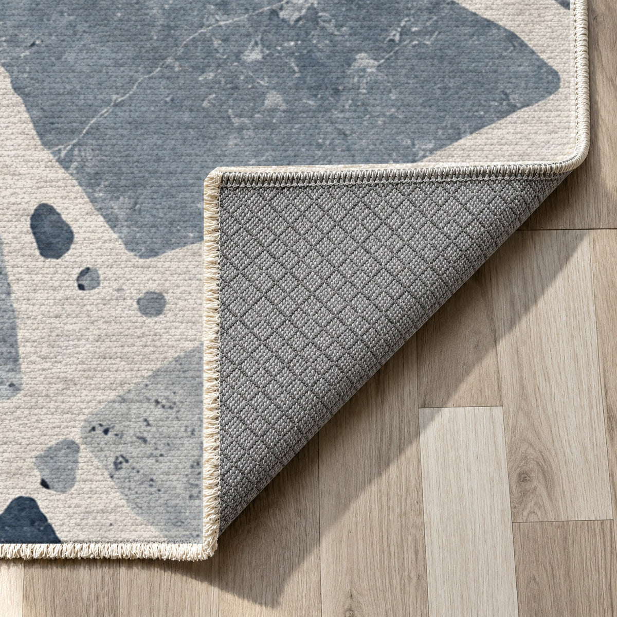 Modern Terrazzo Blue Grey Washable Rug — backing close up