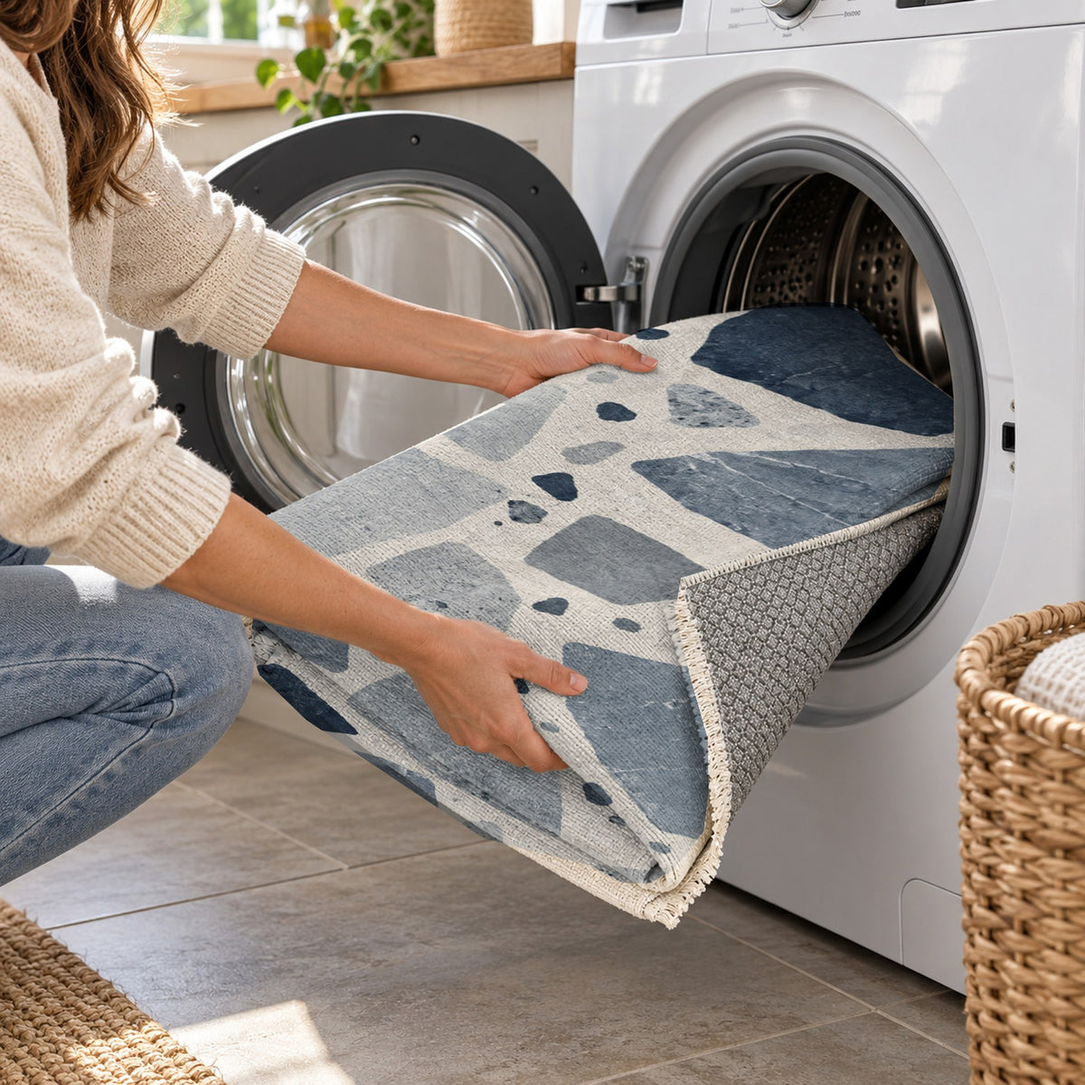 Modern Terrazzo Blue Grey Washable Rug — washing machine