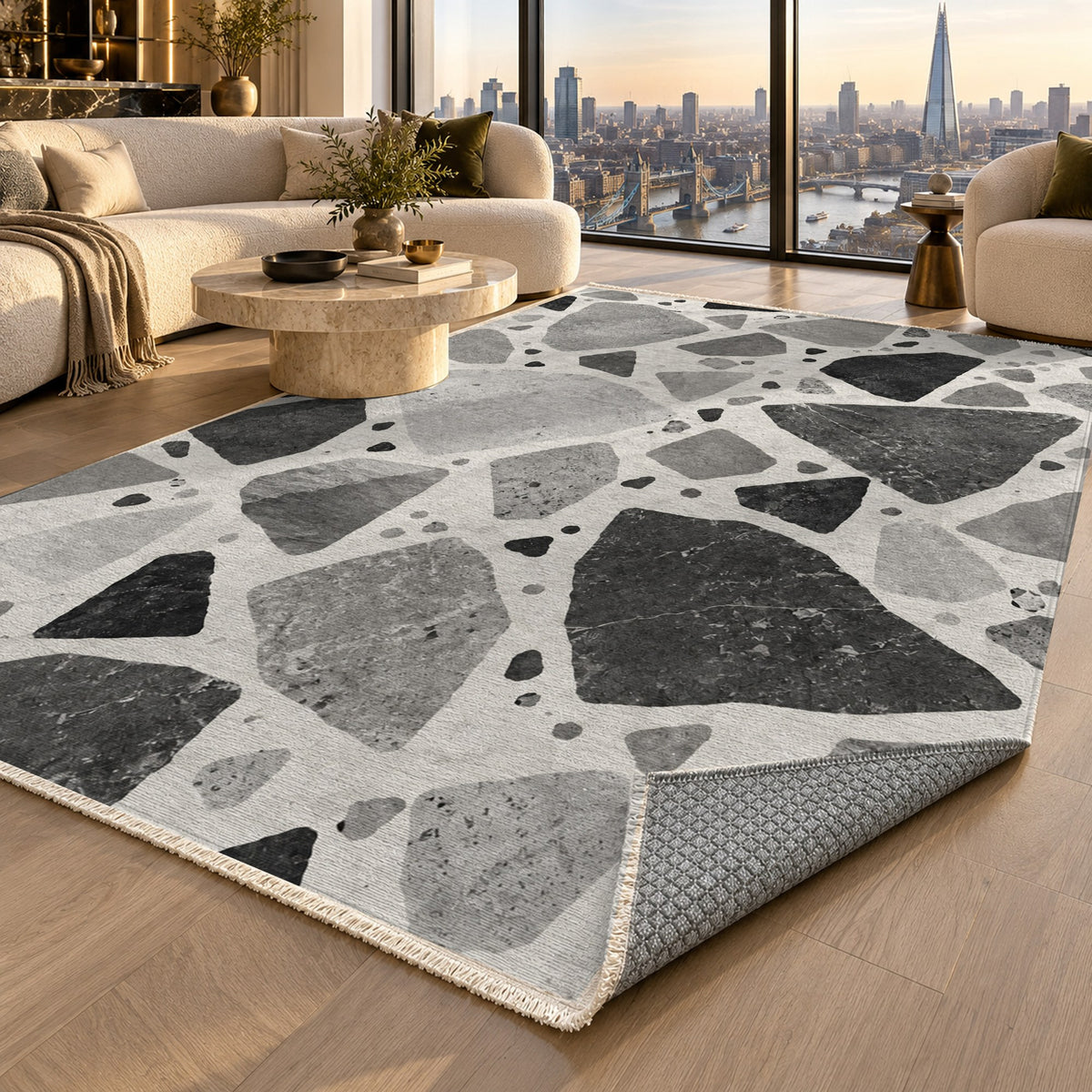 Modern Terrazzo Charcoal Ivory Washable Rug — london luxury living