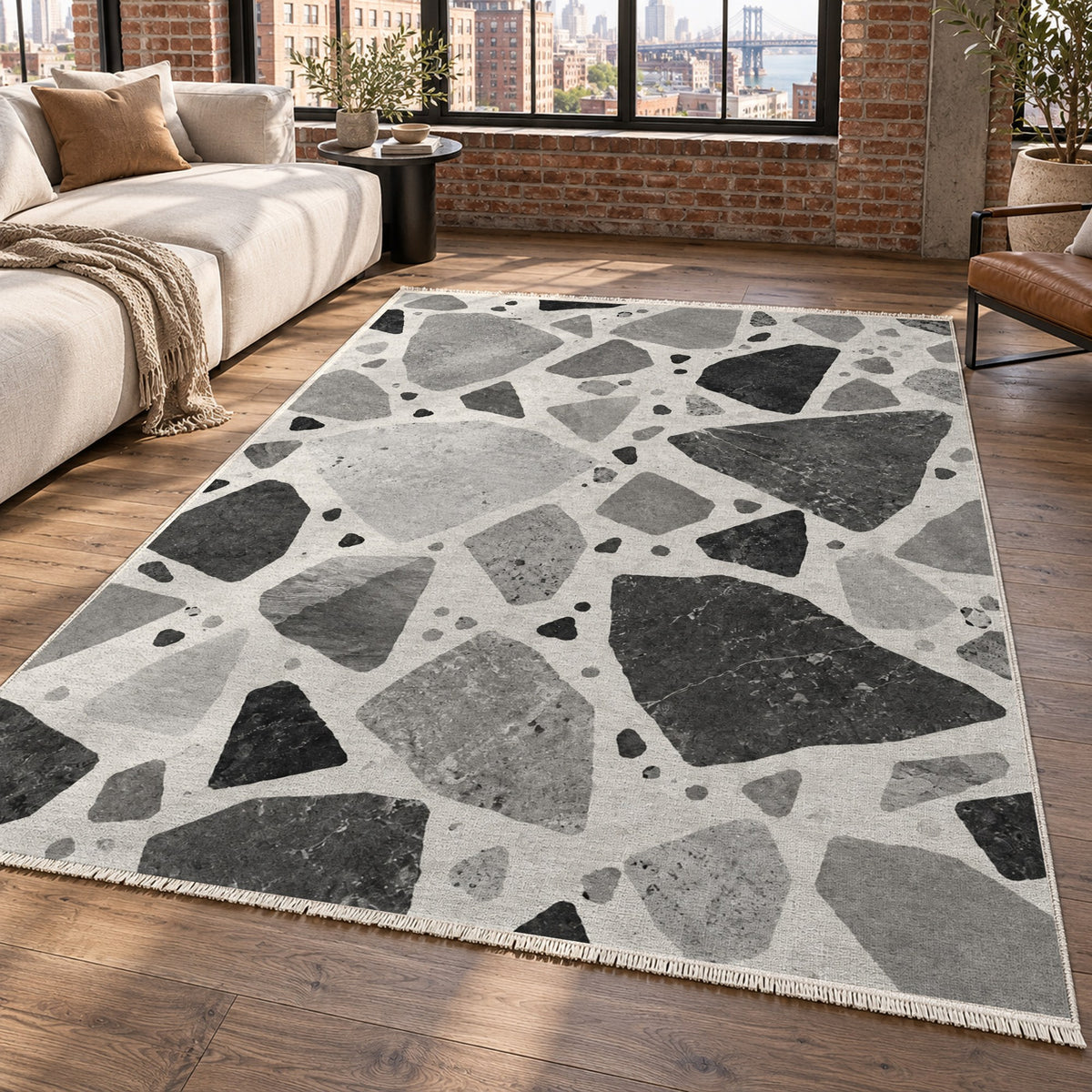 Modern Terrazzo Charcoal Ivory Washable Rug — new york living