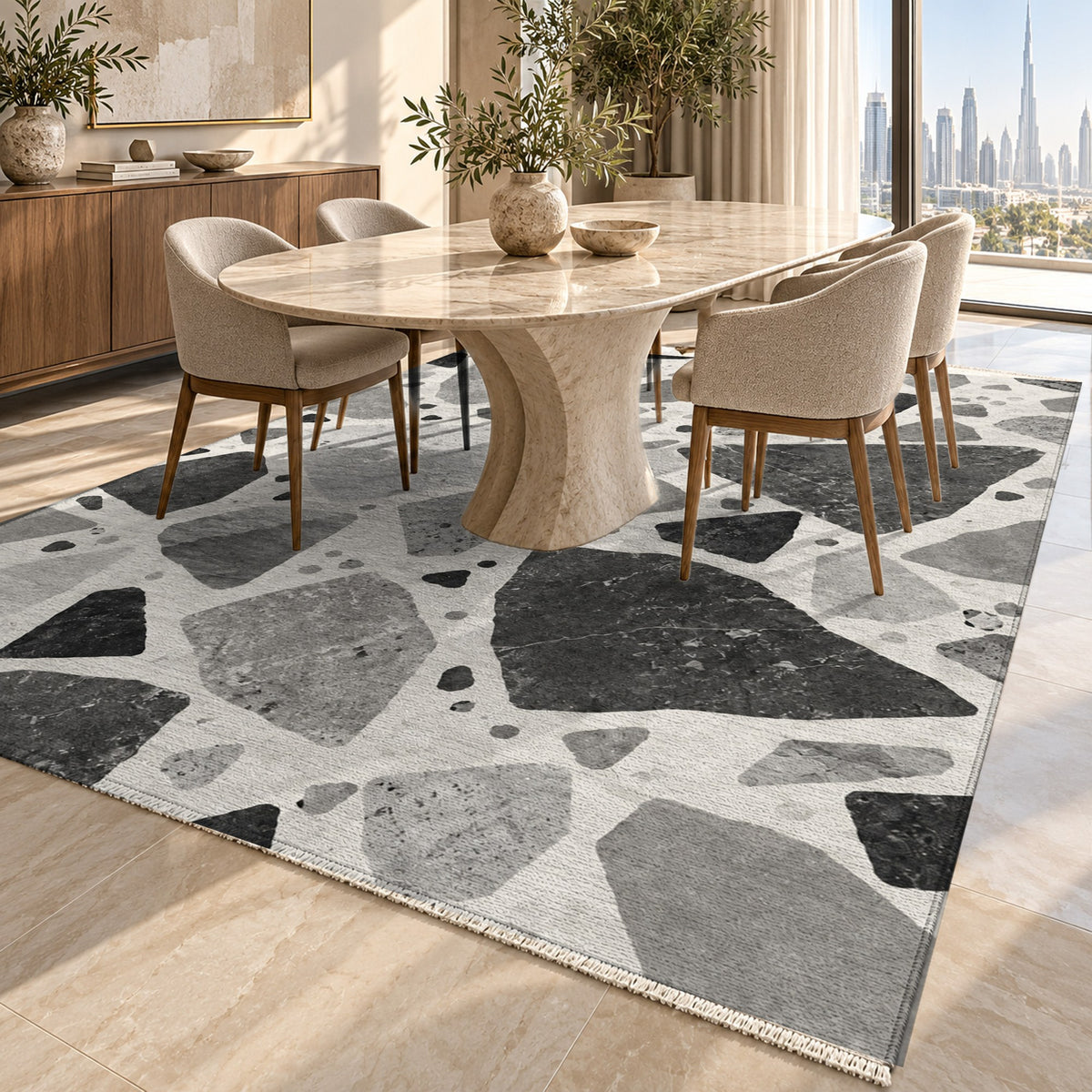 Modern Terrazzo Charcoal Ivory Washable Rug — dubai dining