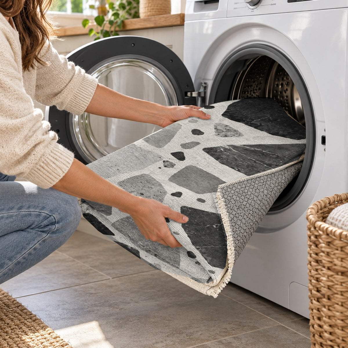 Modern Terrazzo Charcoal Ivory Washable Rug — washing machine