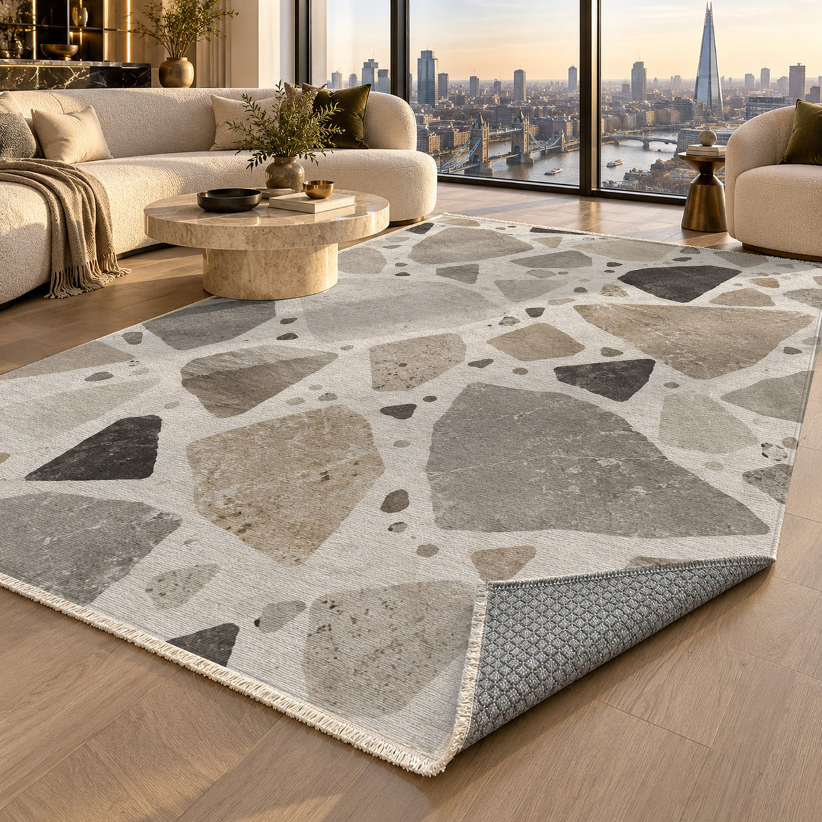 Modern Terrazzo Ivory Taupe Washable Rug — london luxury living