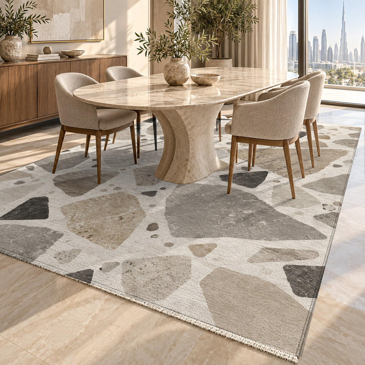 Modern Terrazzo Ivory Taupe Washable Rug — dubai dining