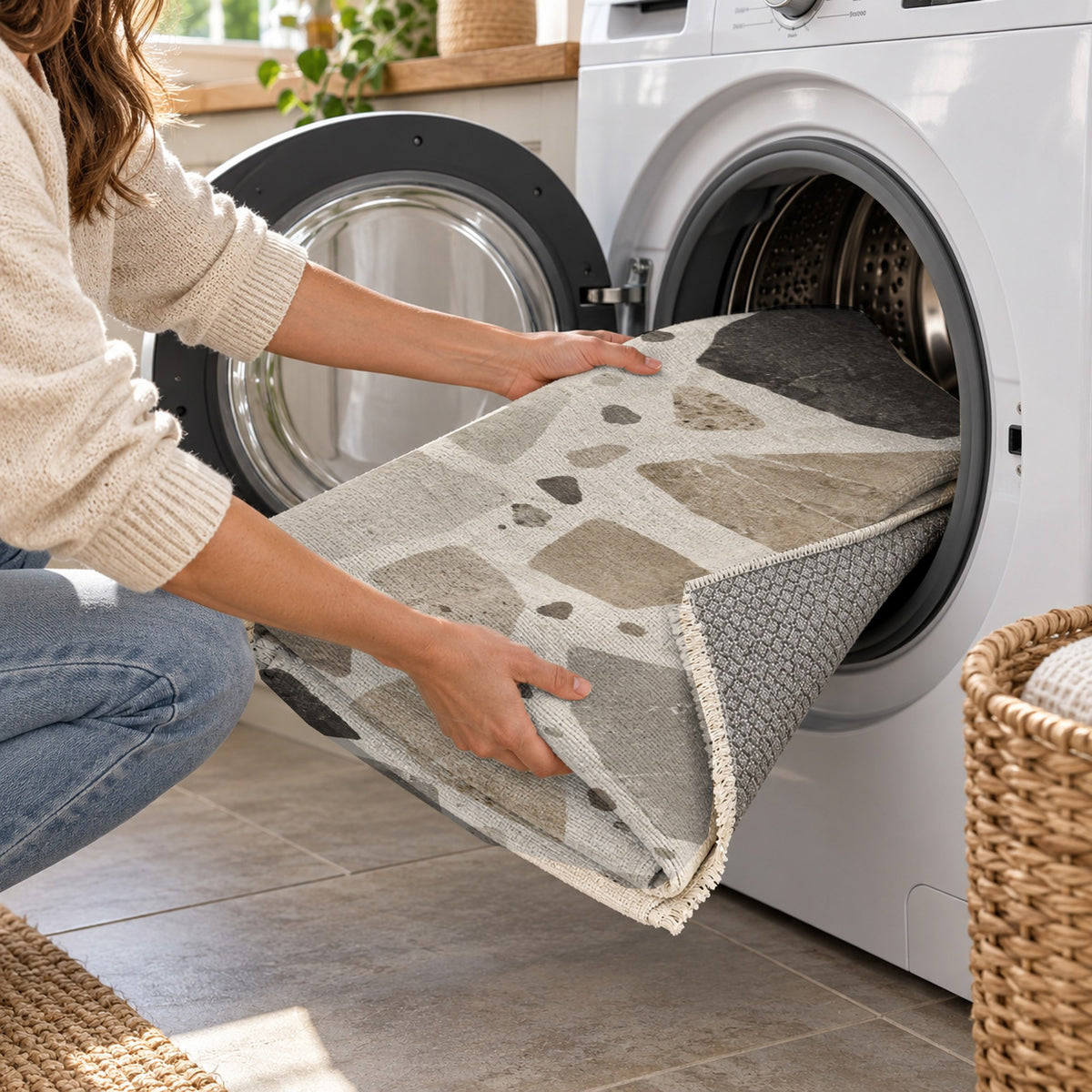 Modern Terrazzo Ivory Taupe Washable Rug — washing machine