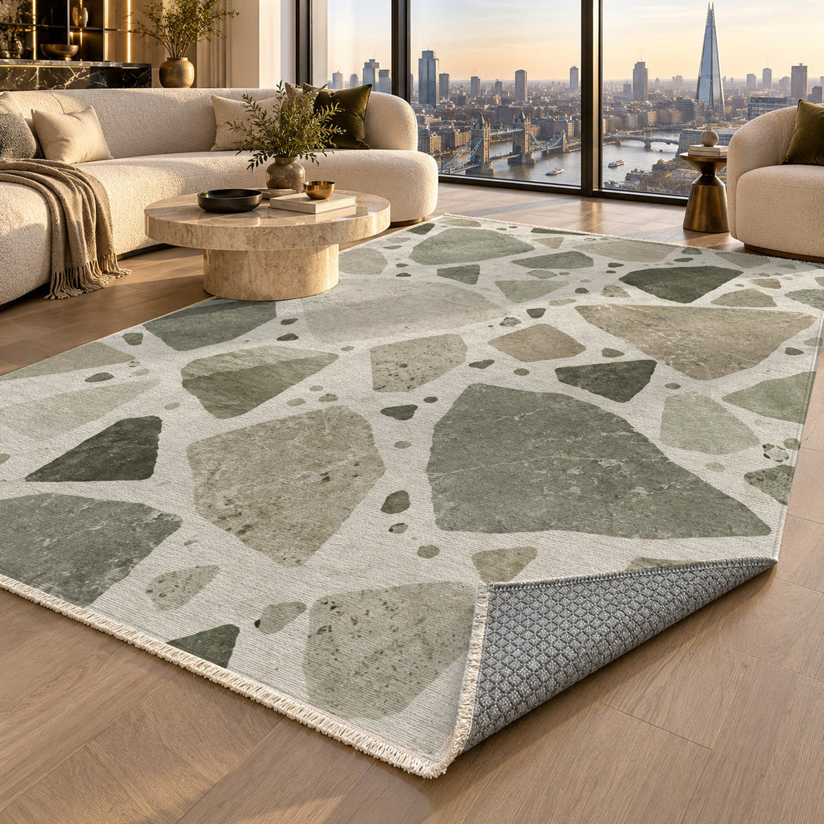 Modern Terrazzo Sage Sand Washable Rug — london luxury living