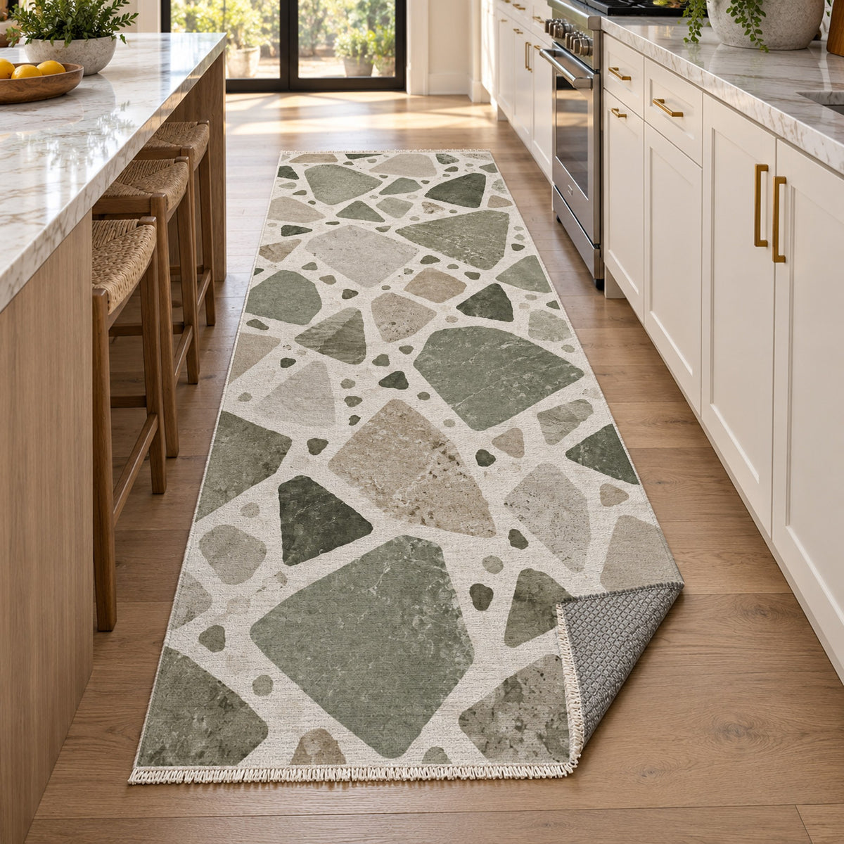 Modern Terrazzo Sage Sand Washable Rug — new york kitchen runner