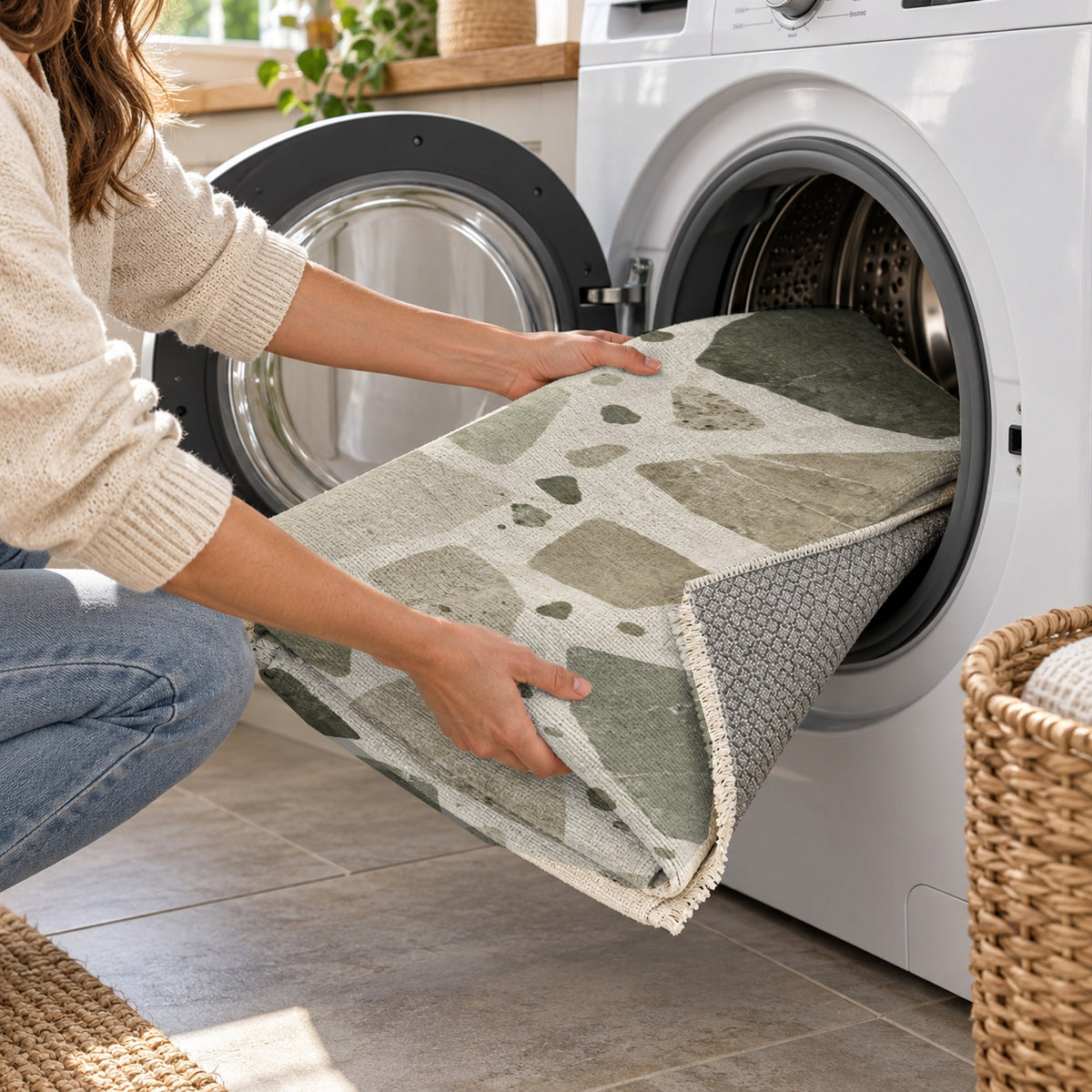 Modern Terrazzo Sage Sand Washable Rug — washing machine
