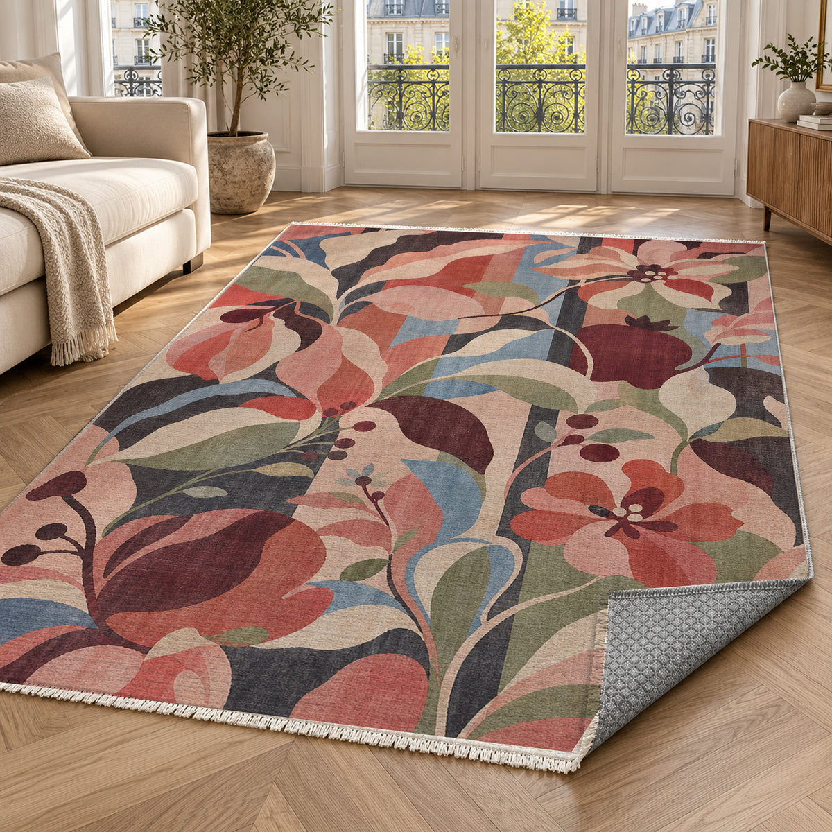 Monstera Coral Floral Washable Rug — paris living