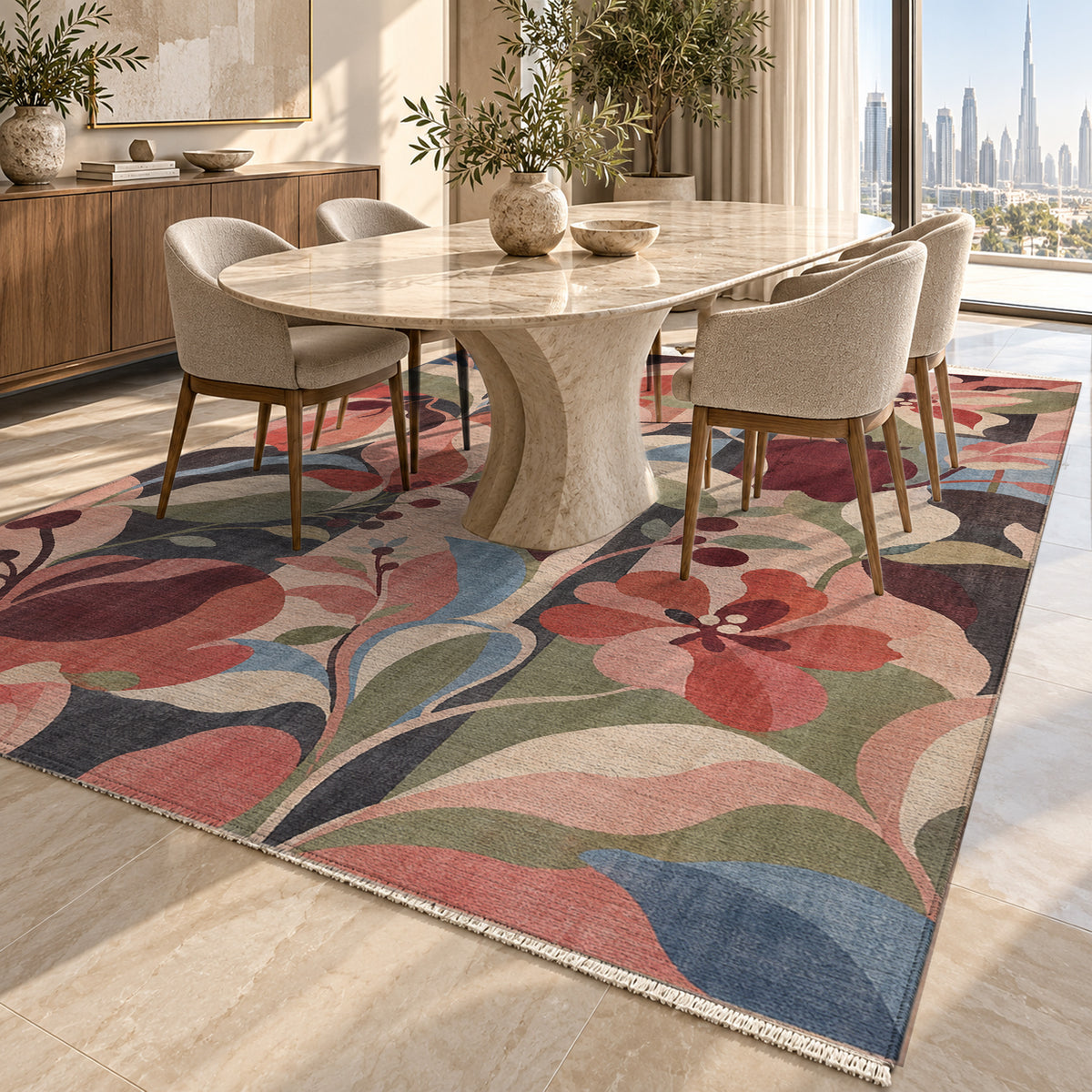 Monstera Coral Floral Washable Rug — dubai dining