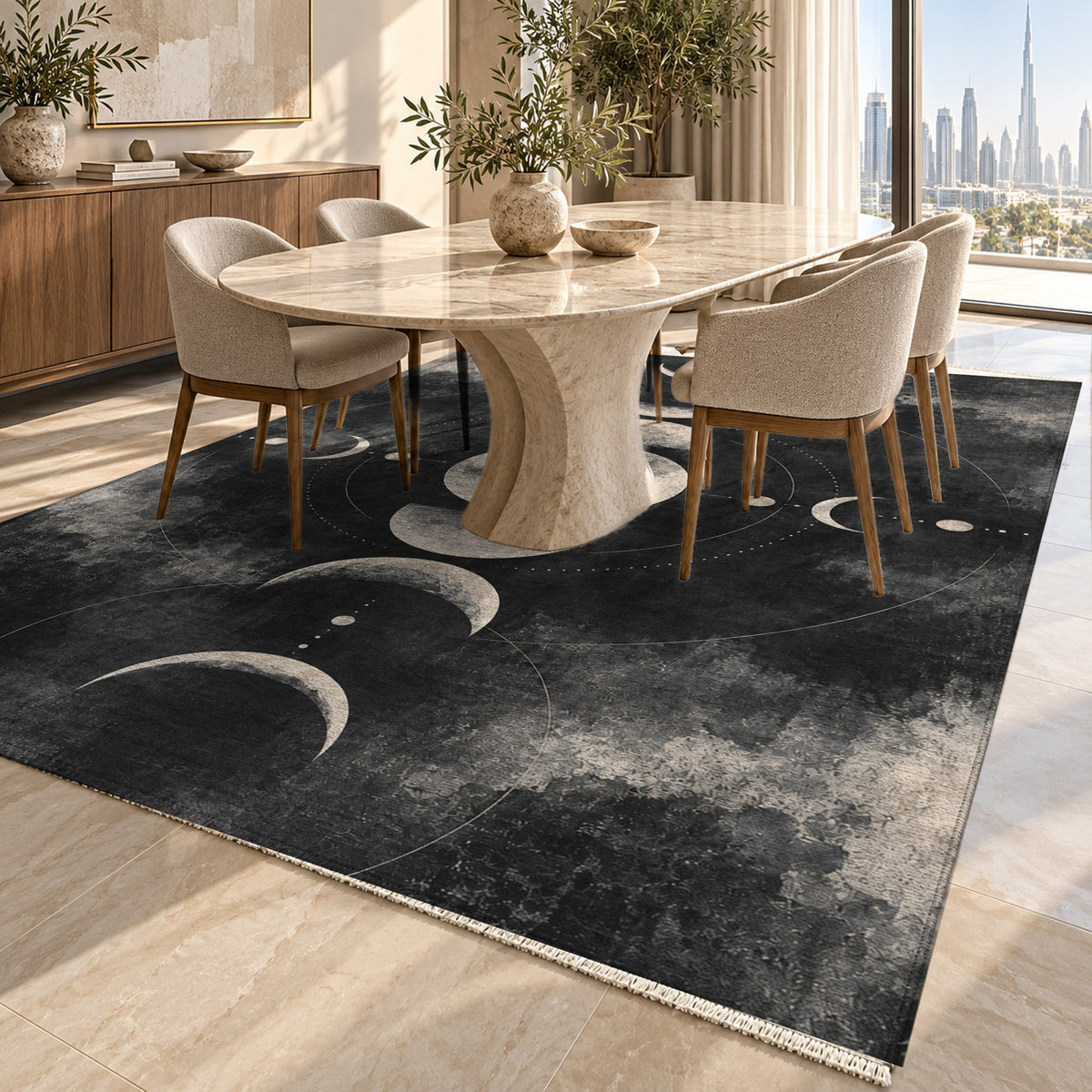 Moon Phases Charcoal Abstract Washable Rug — dubai dining