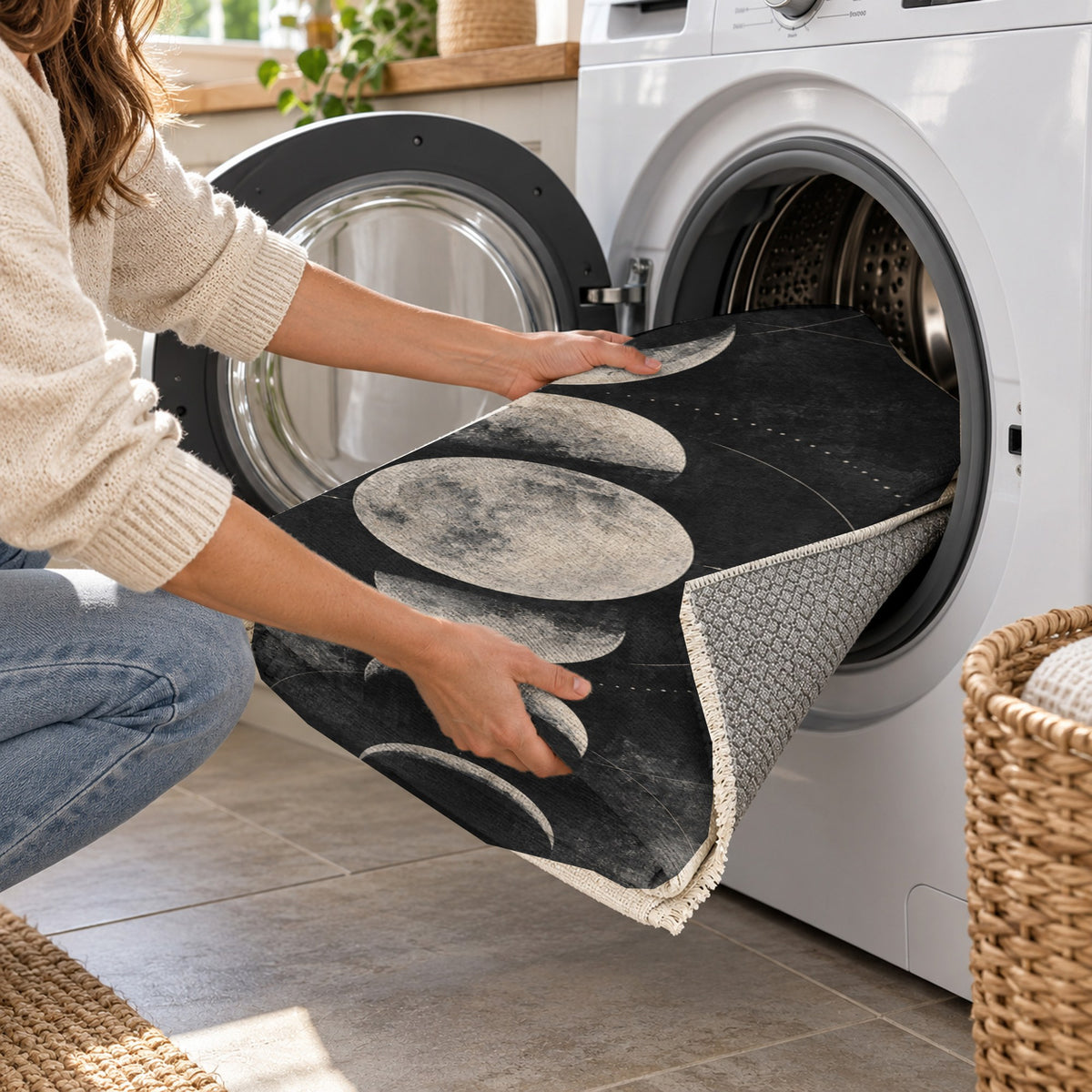 Moon Phases Charcoal Abstract Washable Rug — washing machine