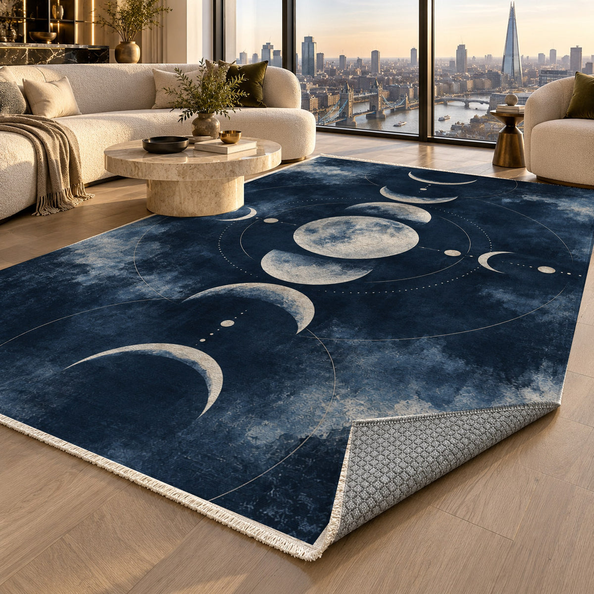 Moon Phases Indigo Abstract Washable Rug — london luxury living