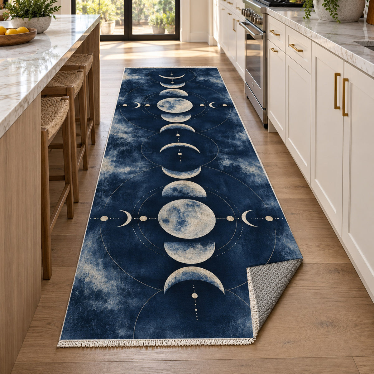 Moon Phases Indigo Abstract Washable Rug — new york kitchen runner