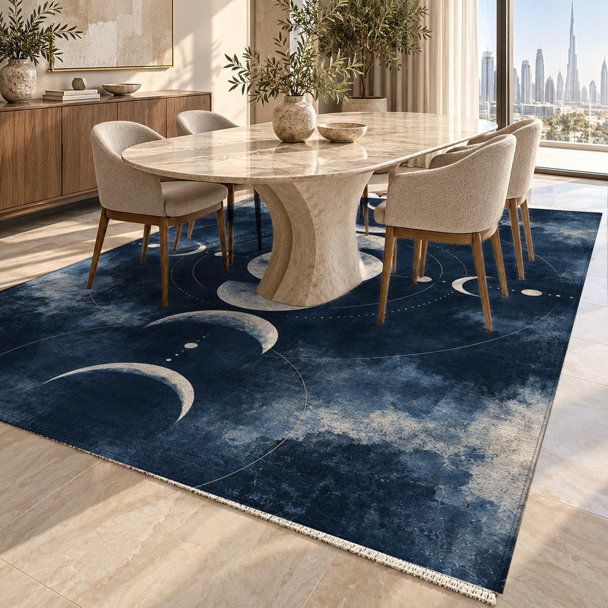 Moon Phases Indigo Abstract Washable Rug — dubai dining