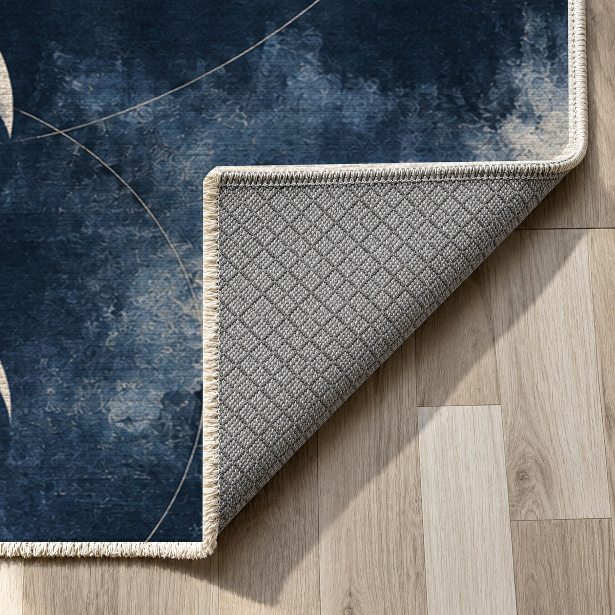 Moon Phases Indigo Abstract Washable Rug — backing close up