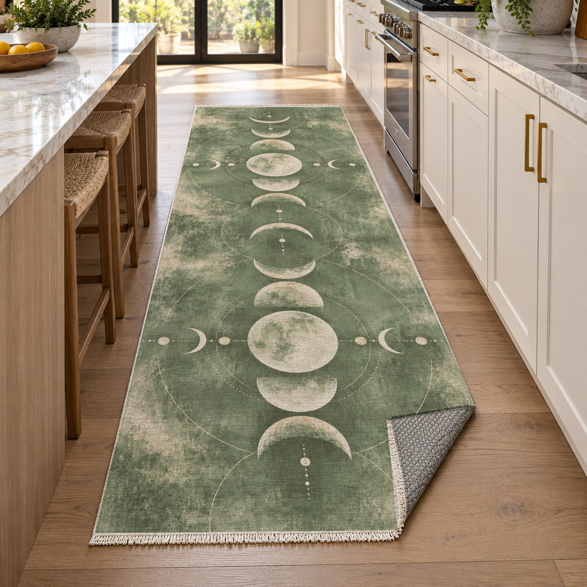 Moon Phases Sage Abstract Washable Rug — new york kitchen runner