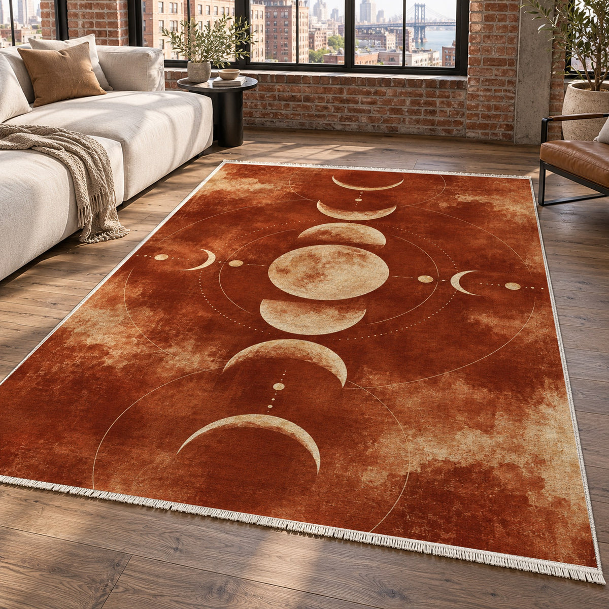 Moon Phases Terracotta Abstract Washable Rug — new york living
