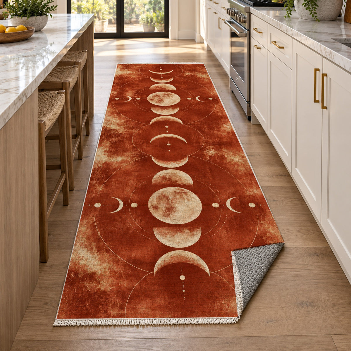 Moon Phases Terracotta Abstract Washable Rug — new york kitchen runner
