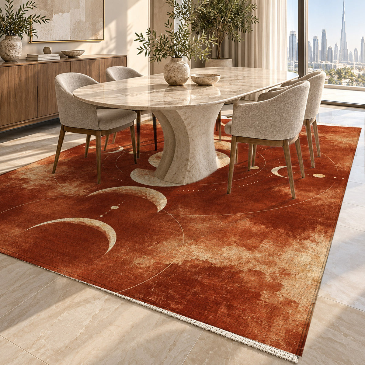 Moon Phases Terracotta Abstract Washable Rug — dubai dining