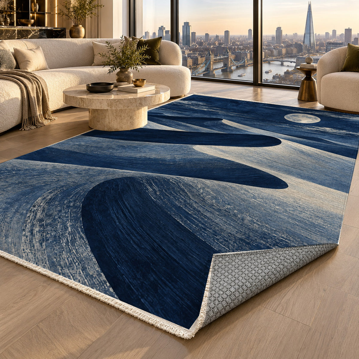 Moonlit Sands Indigo Modern Washable Rug — london luxury living