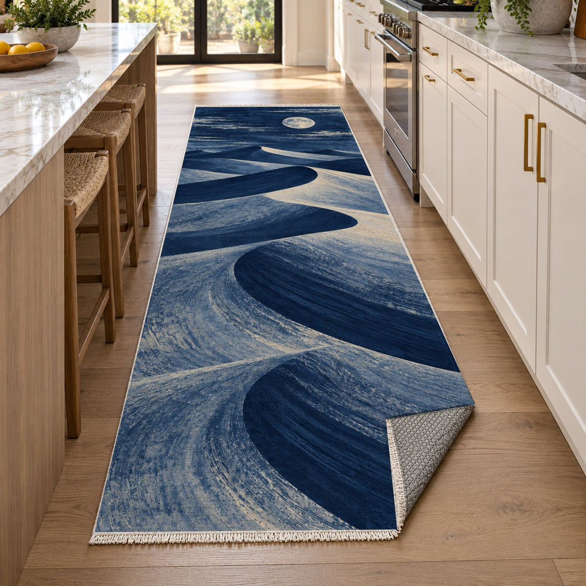 Moonlit Sands Indigo Modern Washable Rug — new york kitchen runner