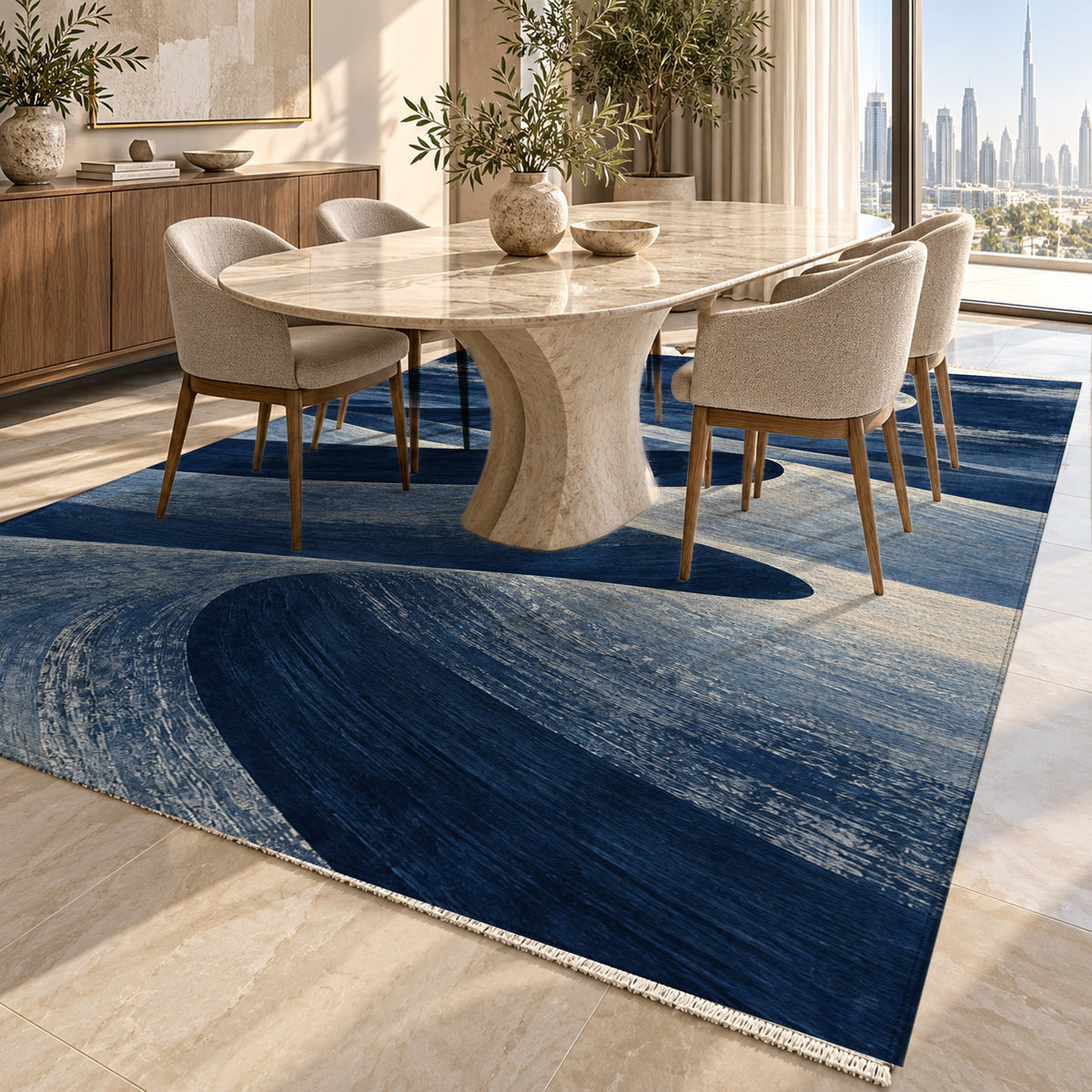 Moonlit Sands Indigo Modern Washable Rug — dubai dining