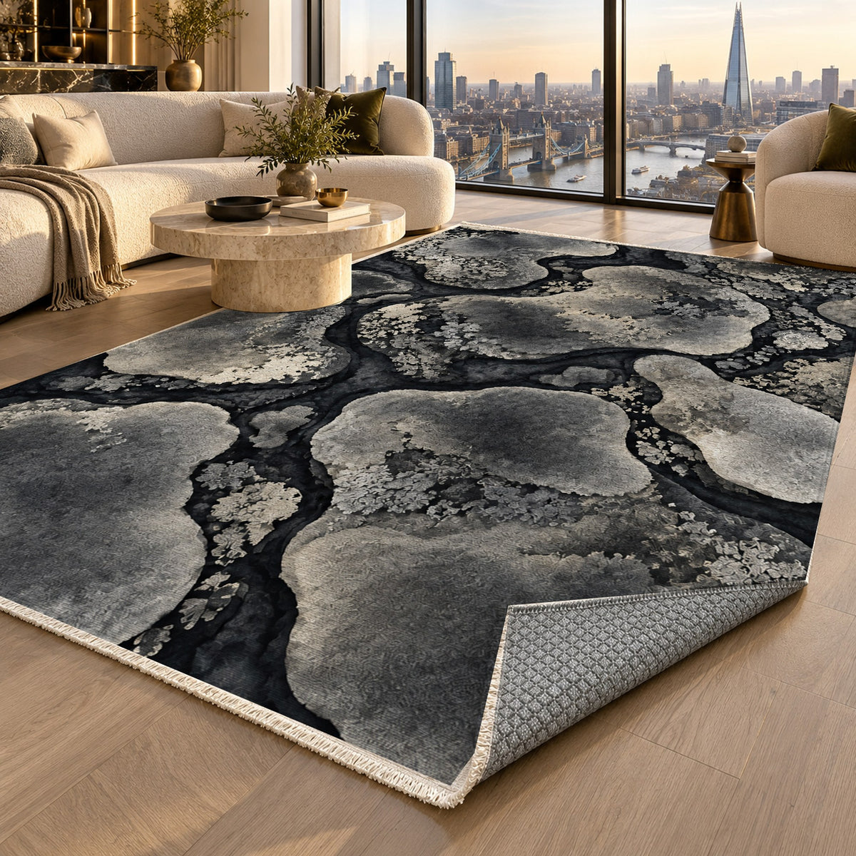 Moss Islands Charcoal Floral Washable Rug — london luxury living