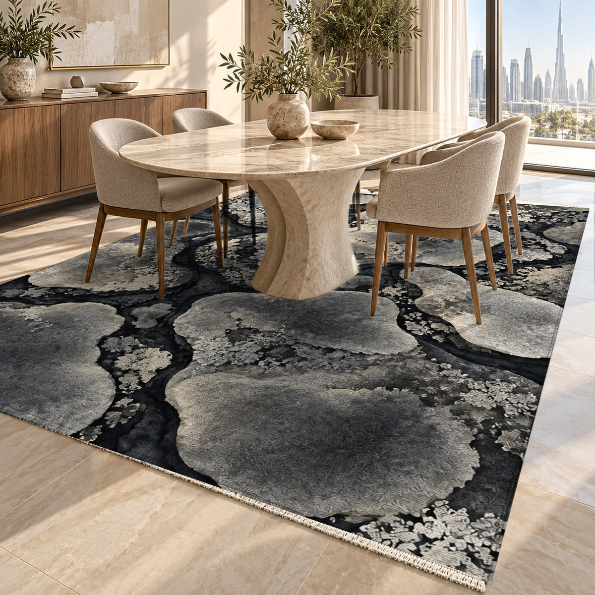 Moss Islands Charcoal Floral Washable Rug — dubai dining
