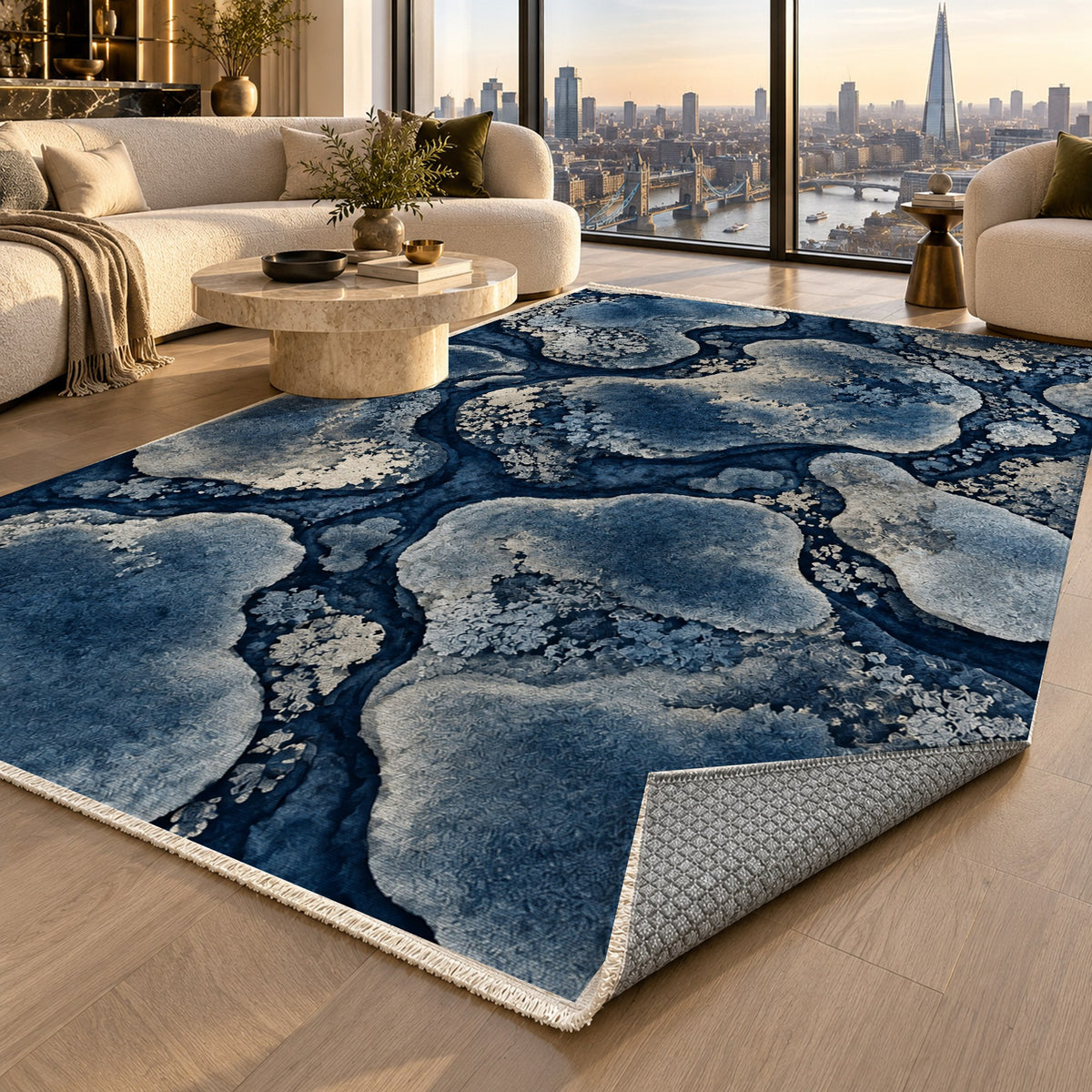 Moss Islands Indigo Floral Washable Rug — london luxury living